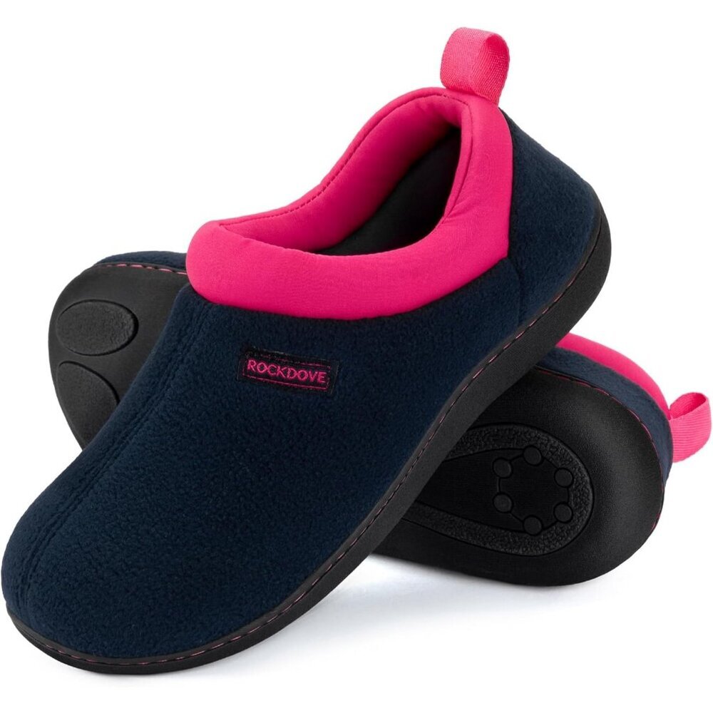 Women's Black Pink Two Tone Fleece Foam Closed Back Rubber Sole Slipper Boot